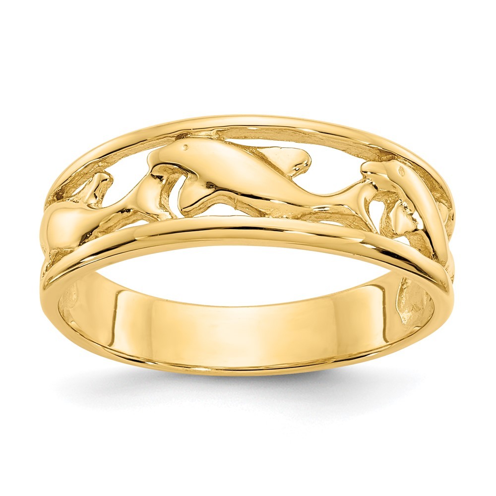 14k Yellow Gold Triple Dolphin Nautical Sea Life Band Ring, Size 6.5